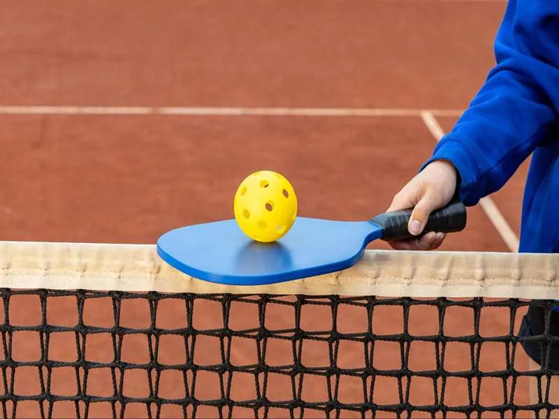 an image of a blue pickleball handle with a yellow ball on