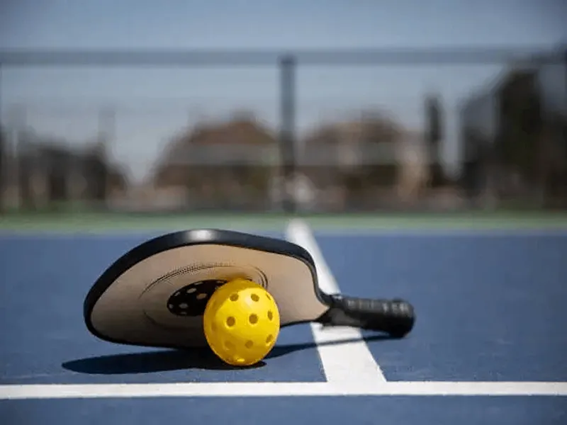 an image of a pickleball paddle and ball on the pickleball court.